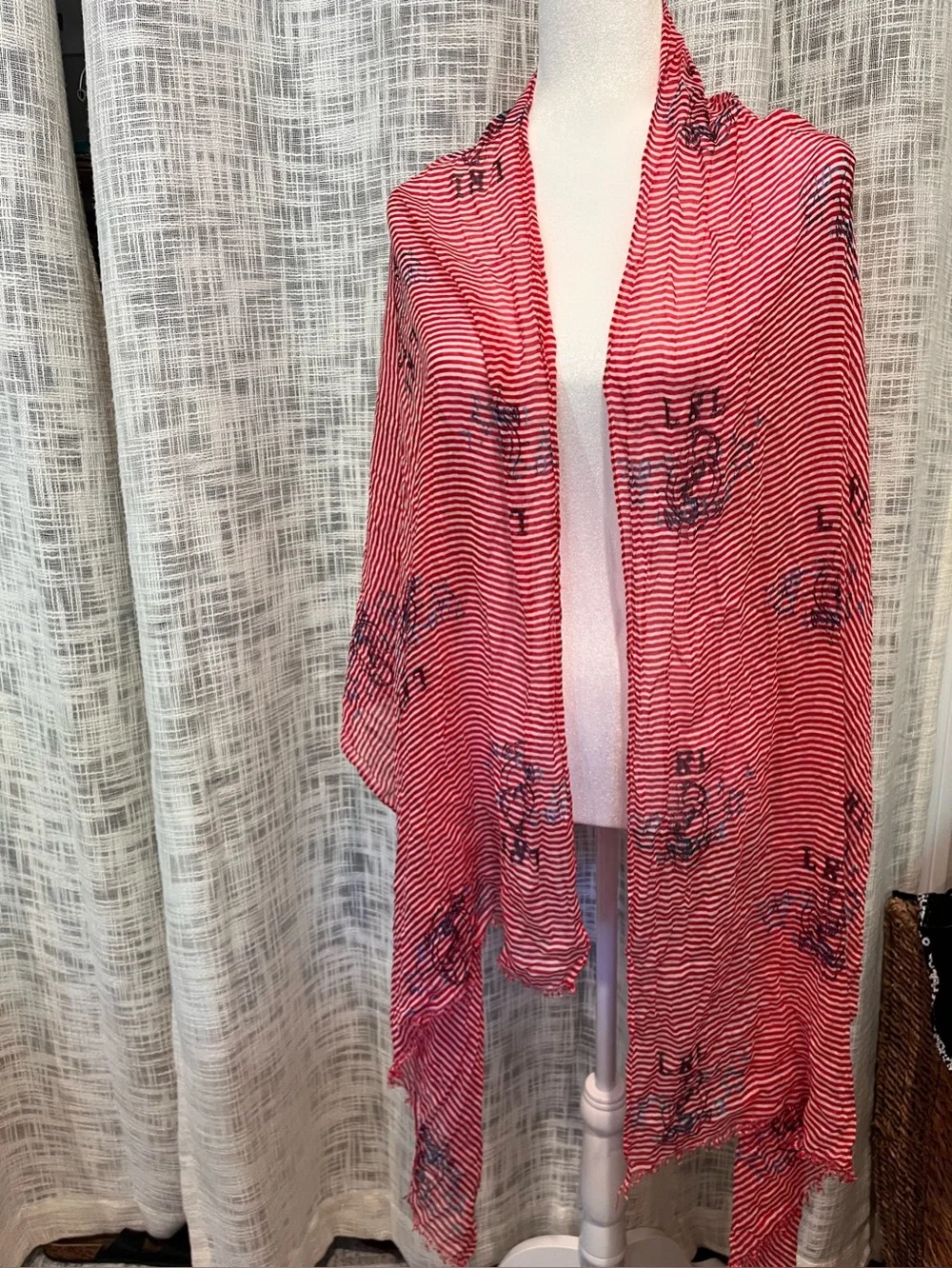 Lauren Ralph Lauren Scarf Wrap Cover Up White Red Stripes Nautical Americana